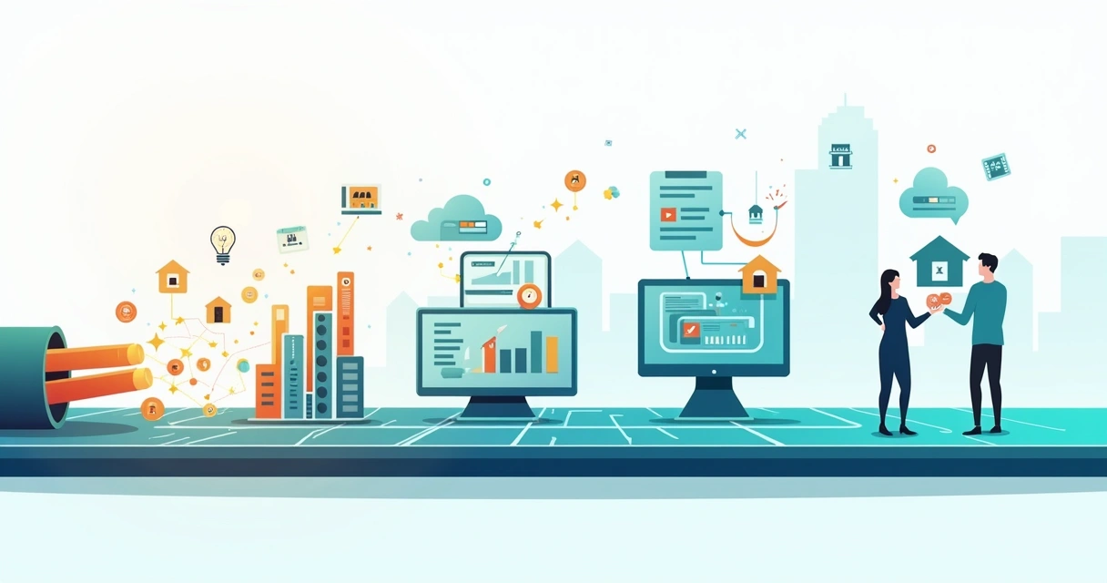 Ilustração de corretores em linha de montagem digital unindo vendas CRM e automação 