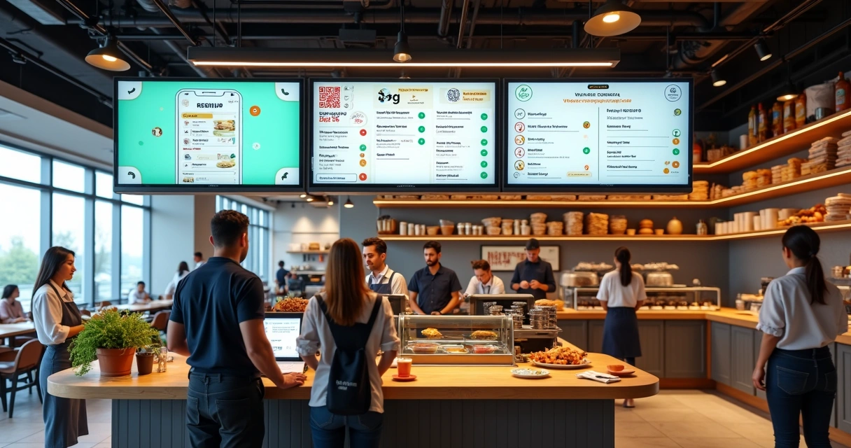 Tela de sistema de delivery com integrações visíveis entre cardápio, WhatsApp, pagamento e estoque 