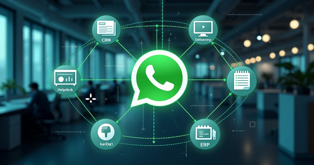 Diagrama mostrando WhatsApp conectado a CRM e outros sistemas 