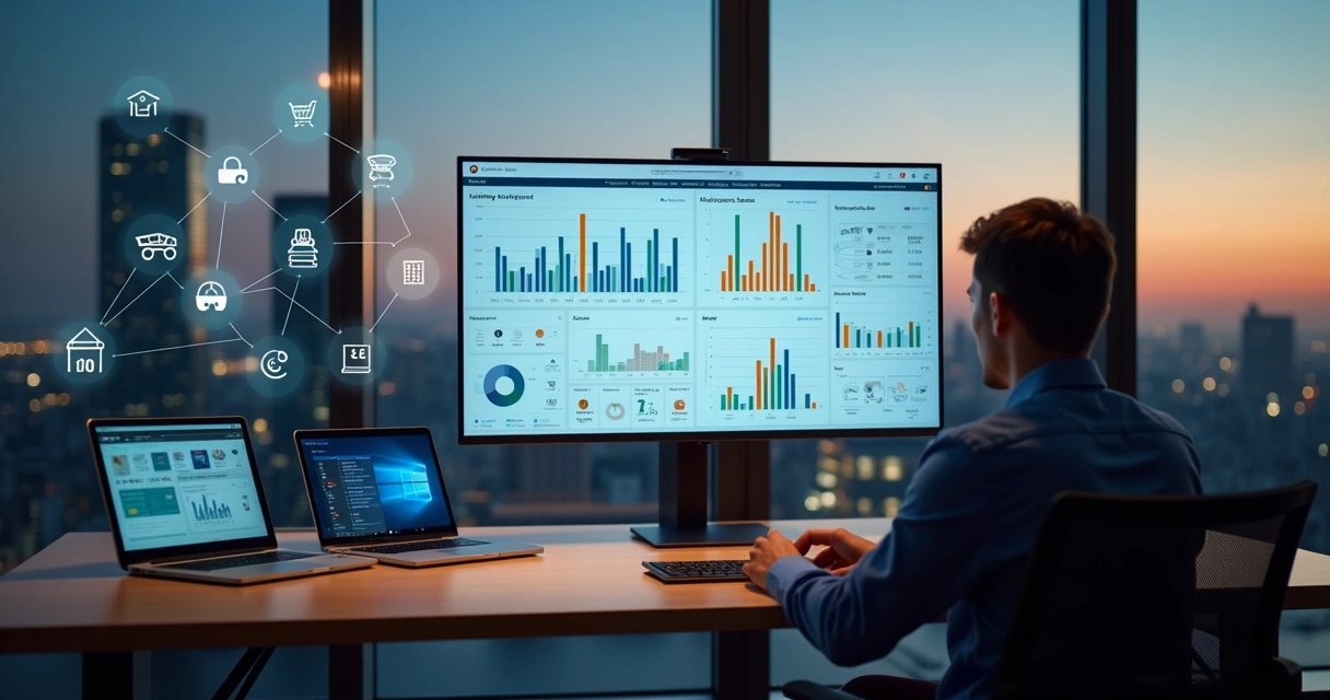 Gestor analisando painel de sistema integrado de vendas com lojas físicas e online 