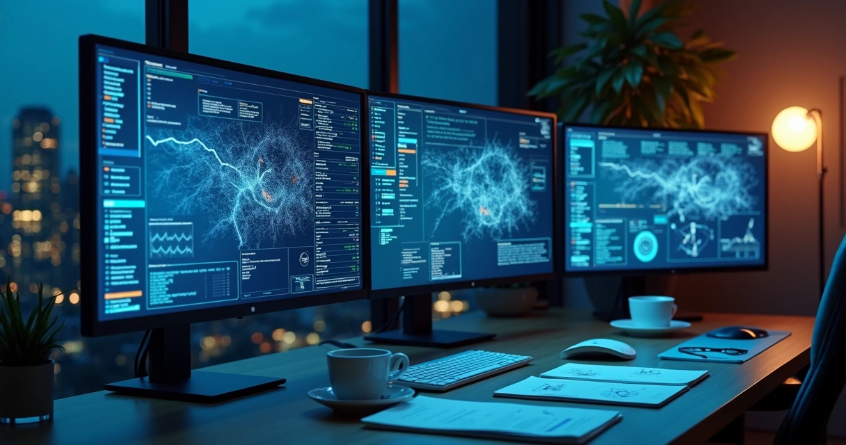 Tela de computador mostrando gráficos e sistema de IA analisando transações 