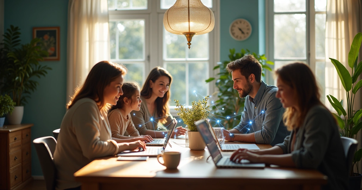Varios elementos conectados en una red, representando sistemas familiares, laborales y personales, todo en tonos suaves con detalles realistas. 