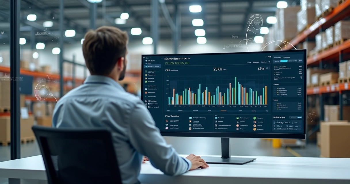 Gestor analisando sistema de inventário digital em tela com gráficos e lista de estoque 