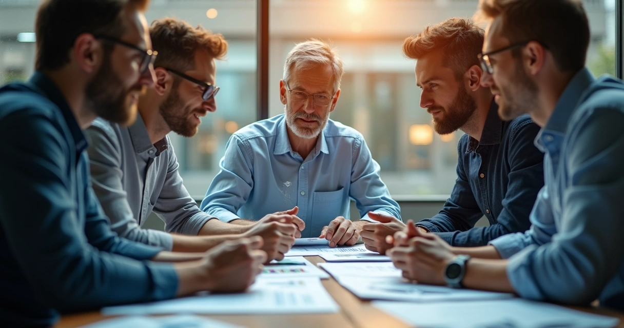 Pessoas analisando gráficos financeiros em uma mesa, com formas abstratas e linhas transparentes ao redor, indicando influências invisíveis 