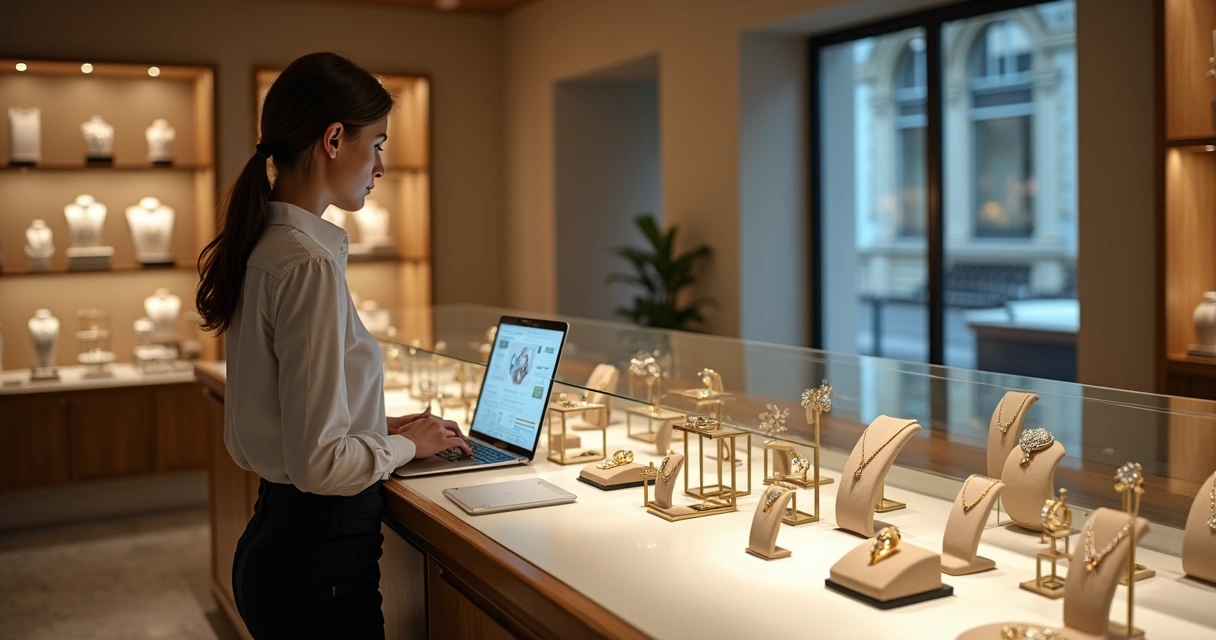 Gestora de joalheria analisando sistema especializado em vendas e estoque de joias em notebook 
