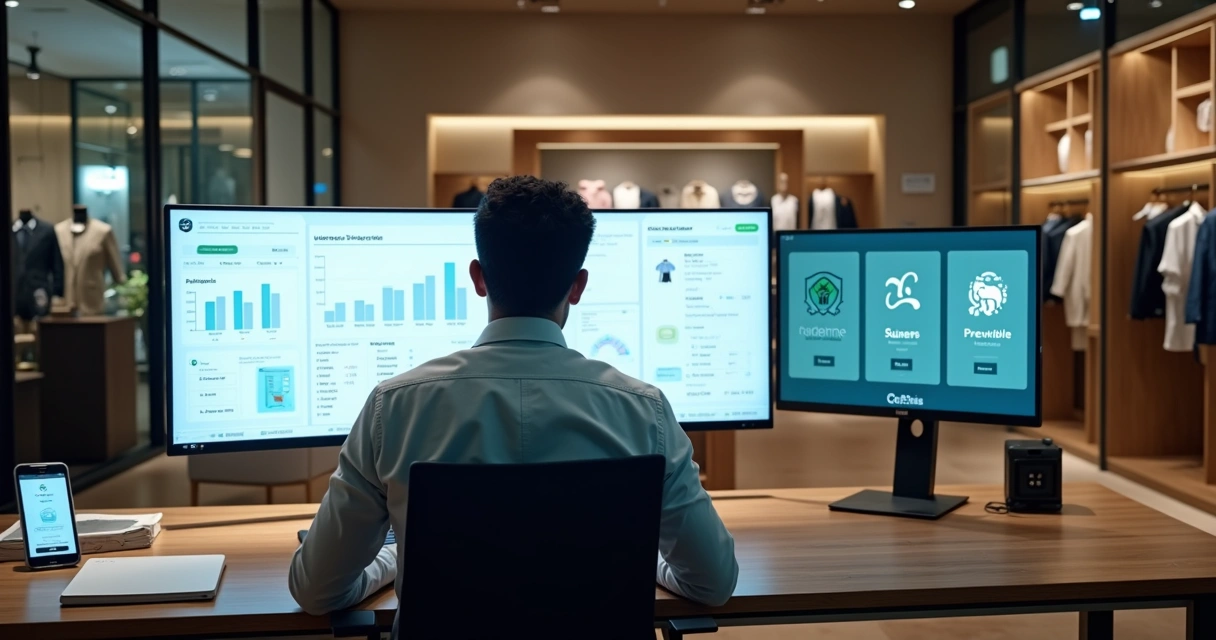 Gestor acompanhando painel de sistema para loja online integrando estoque físico e e-commerce 