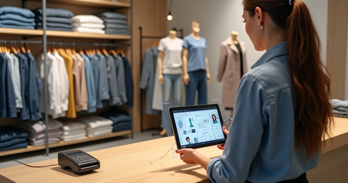 Vendedora usando tablet para gerir estoque em loja de roupas moderna 