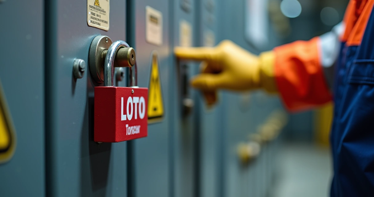 Dispositivo LOTO instalado em painel elétrico de máquina de mineração. 