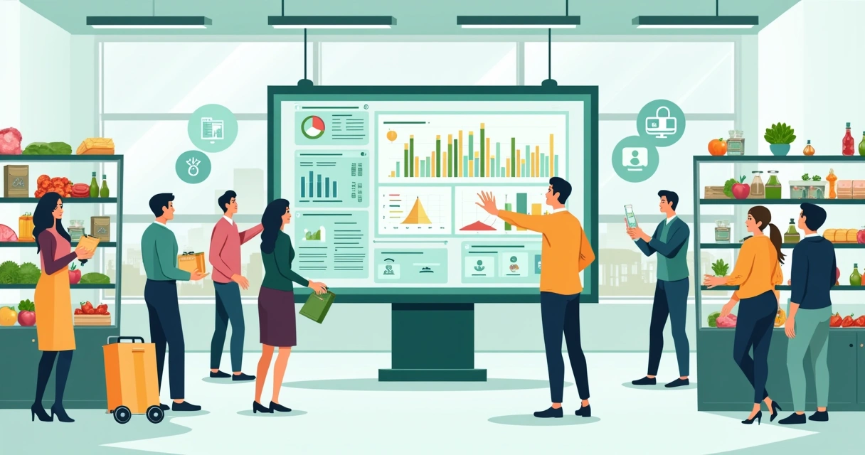 Ilustração de um sistema para mercado autônomo com display touch e produtos organizados.