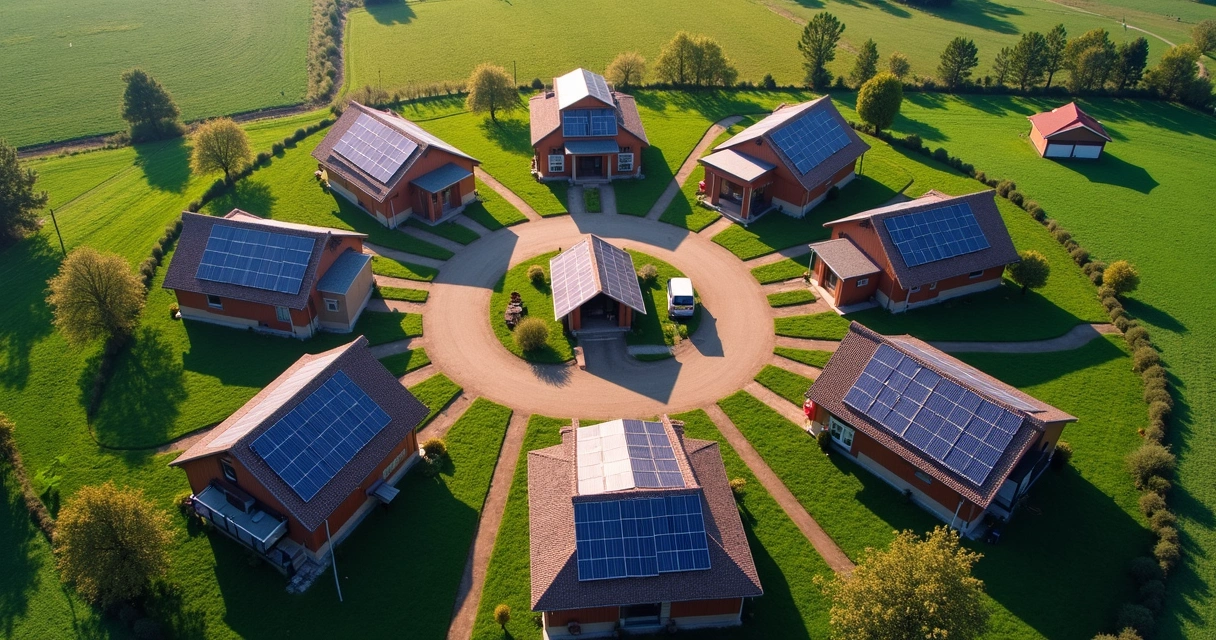 Microrede solar com painéis e baterias vista de cima 