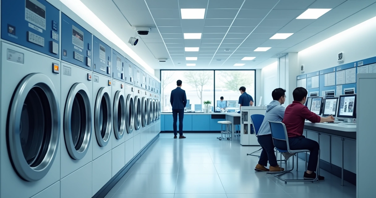 Sistema de monitoramento integrado em lavanderia de autoatendimento, com câmeras de segurança visíveis, sensores instalados nas máquinas de lavar, funcionários monitorando dados em tela no escritório, ambiente limpo e organizado, clientes usando os equipamentos. 