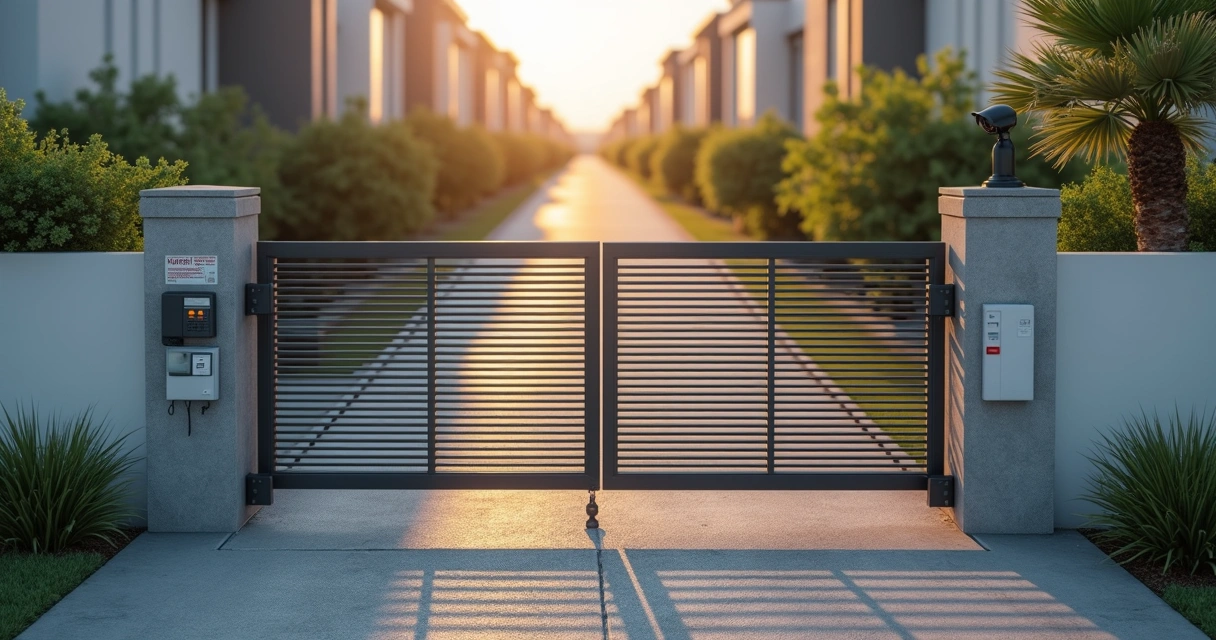 Vista aérea de portaria de condomínio com portões automáticos e central de controle 