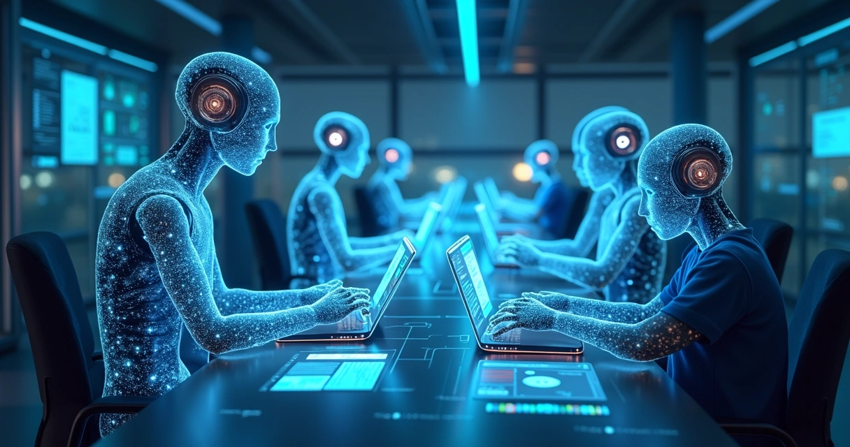 Equipe digital composta por vários agentes IA colaborando num escritório virtual 