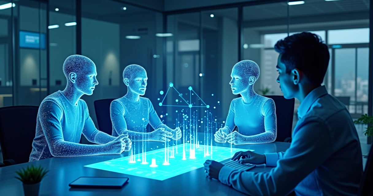 Equipe digital composta por vários agentes de IA especializados interagindo juntos 