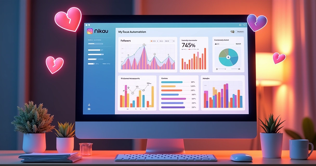 Painel de automação Nikau com gráficos de crescimento e seguidores reais 