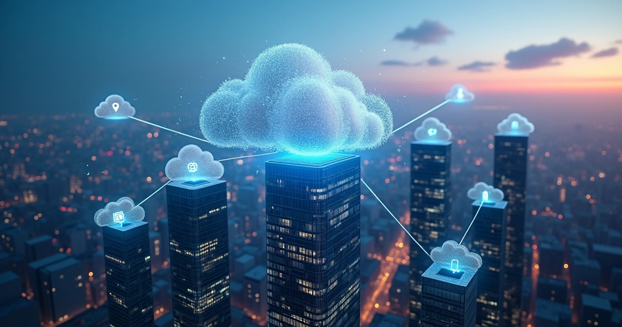 Cidade conectada por nuvens com ícones de sistemas empresariais 