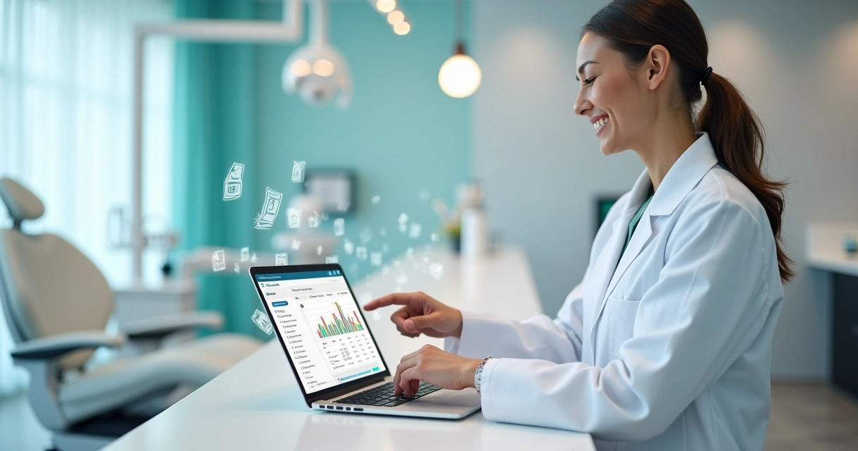 Dentista usando sistema odontológico em notebook com paciente ao fundo 