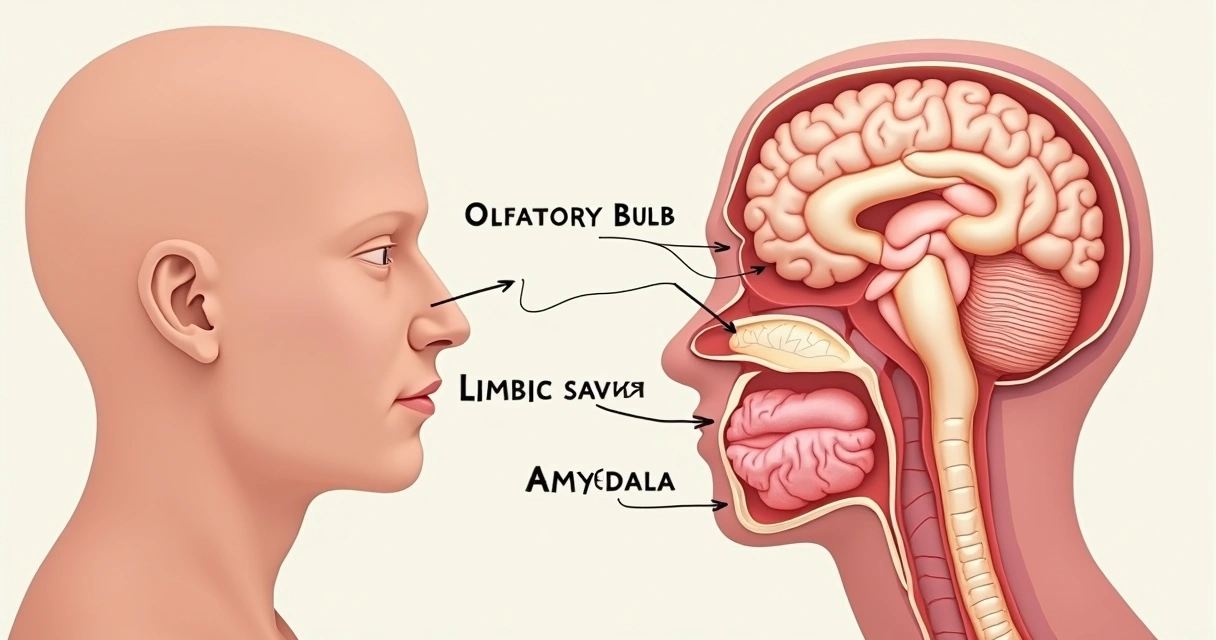 Diagrama mostrando o sistema olfativo e áreas do cérebro ligadas às emoções