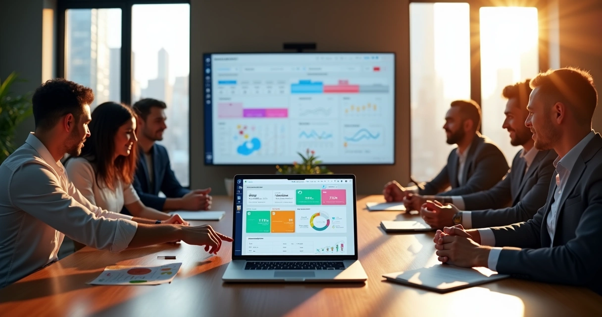 Painel de sistema online mostrando gestão de associados e financeiro em tela de notebook 