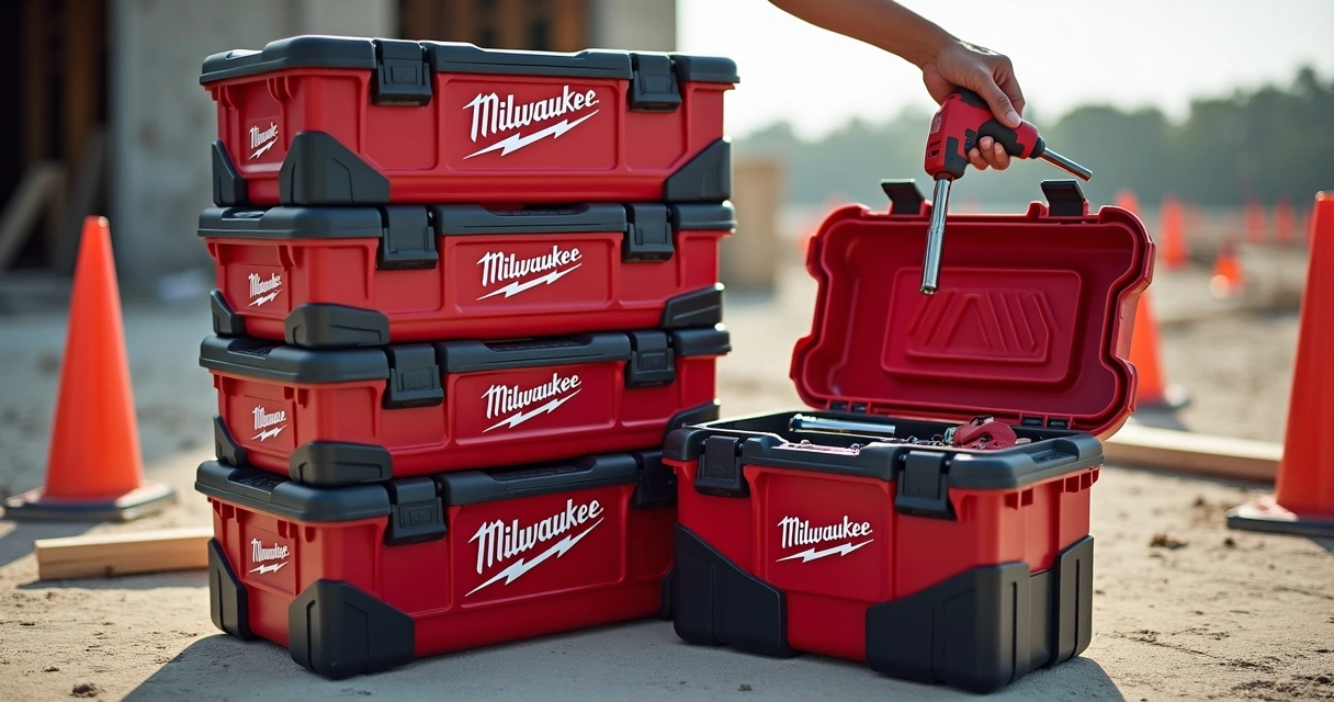 Caixas modulares PACKOUT Milwaukee empilhadas no canteiro de obras