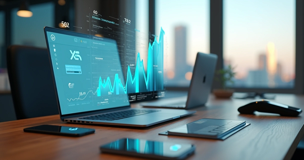 Empresário analisando painel de sistemas de pagamento digitais em notebook 