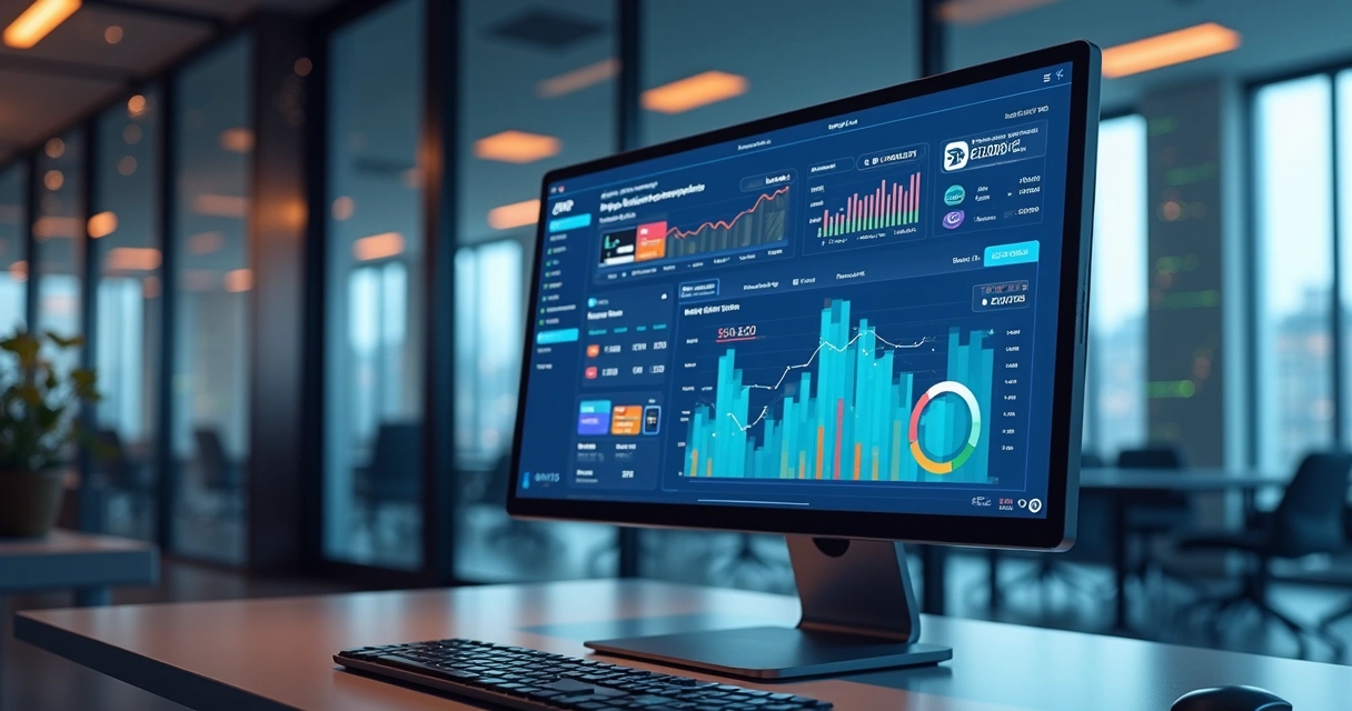 Tela de computador exibindo painel de pagamento online com gráficos, cartões e ícones digitais 