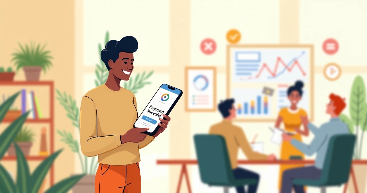 Cliente feliz usando smartphone para pagamento de assinaturas com ambiente de escritório moderno ao fundo.