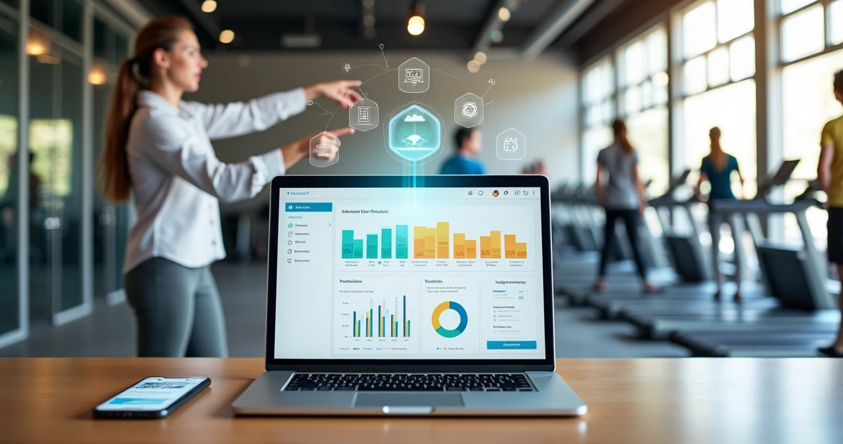 Gestor usando sistema digital para administrar academia moderna com alunos treinando ao fundo 
