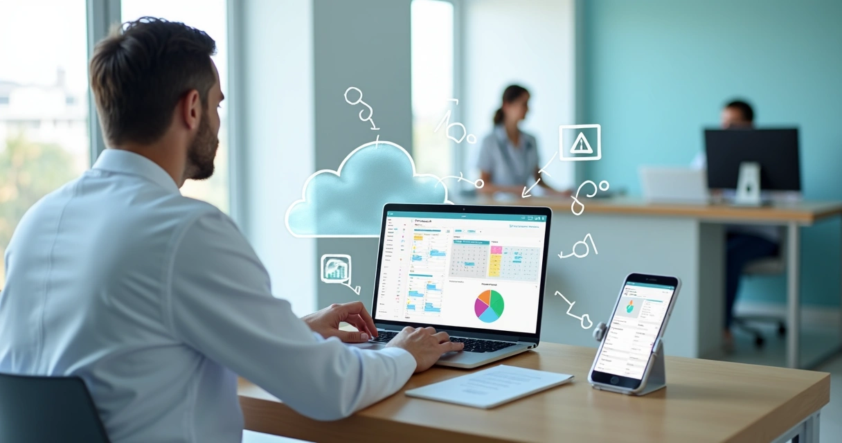 Médico usando notebook com sistema de gestão em consultório moderno 