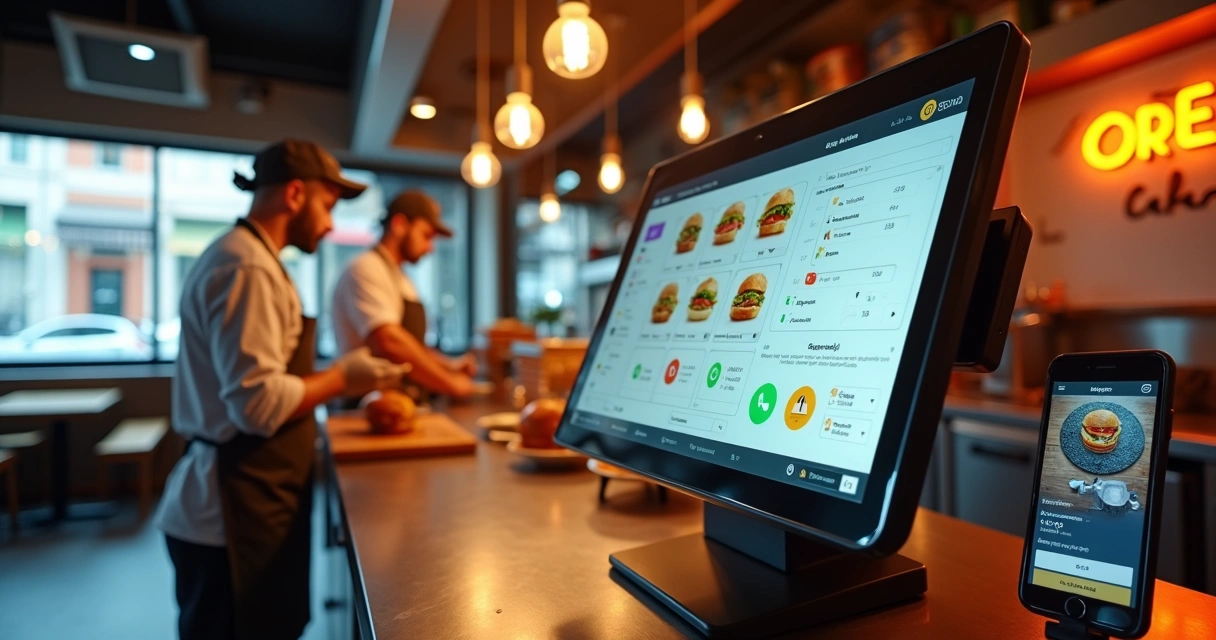 Hamburgueria moderna com sistema de gestão em tela mostrando pedidos e fluxo de caixa 