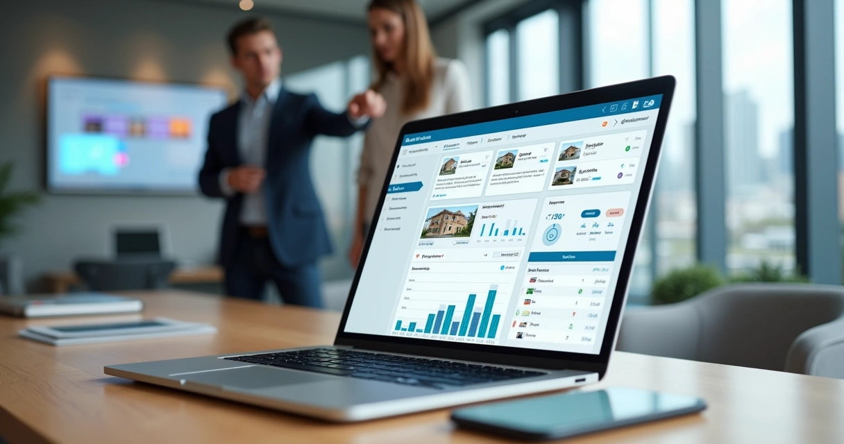 Corretor usando sistema para imobiliária em notebook com painel de imóveis e leads 