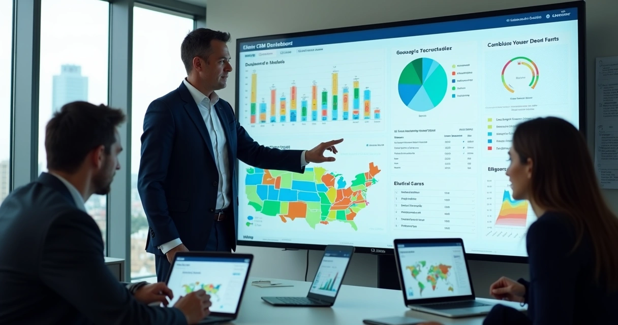 Político analisando painel digital com mapa eleitoral e dados de eleitores 