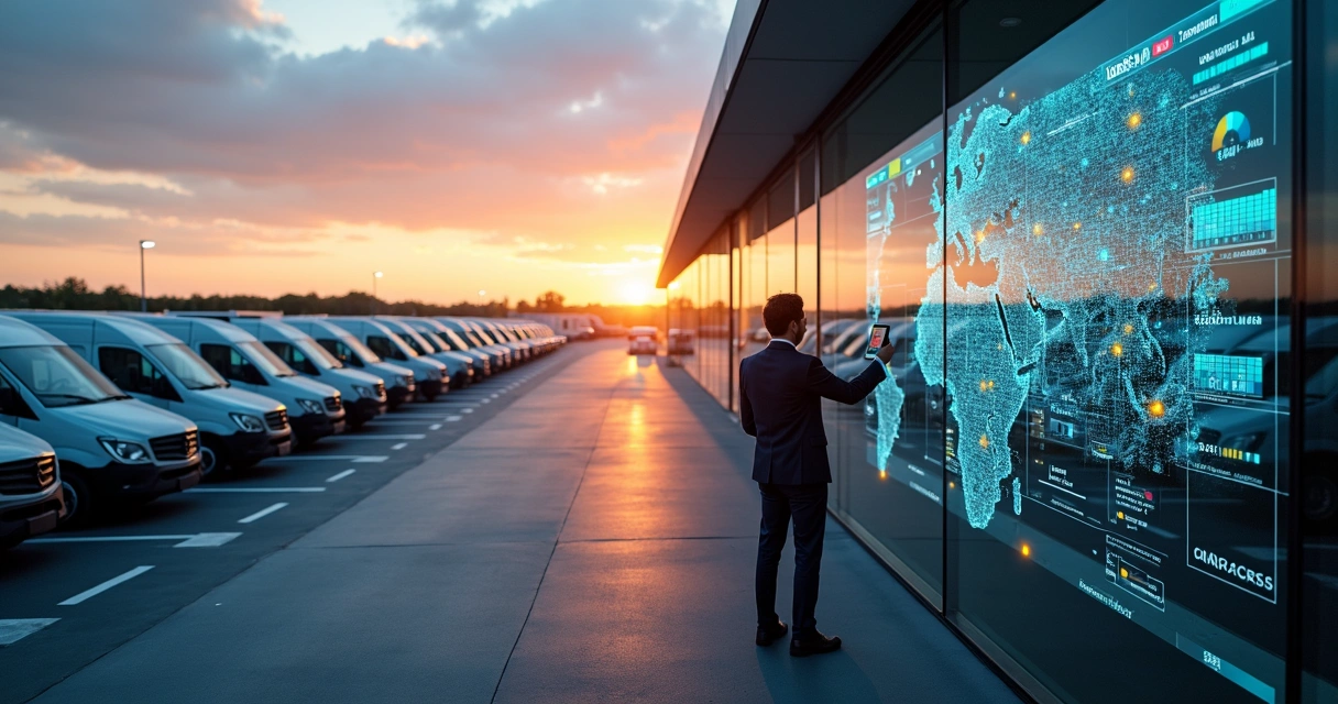 Vista aérea de pátio logístico com veículos organizados e painel digital de gestão ao fundo 