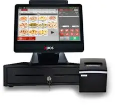 Sistema de ponto de venda com tela touchscreen exibindo cardápio digital e impressora térmica integrada
