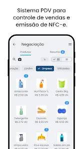 Tela de sistema PDV exibindo controle de vendas e emissão de NFC-e com lista de produtos e preços