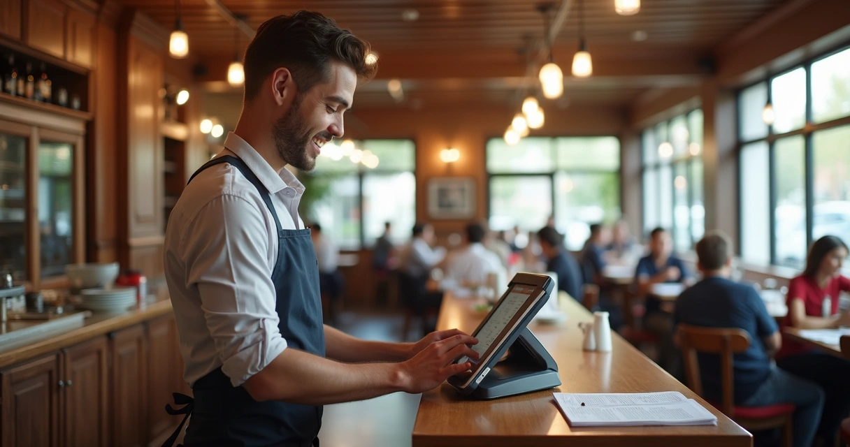 Garçom usando PDV digital em restaurante pequeno 
