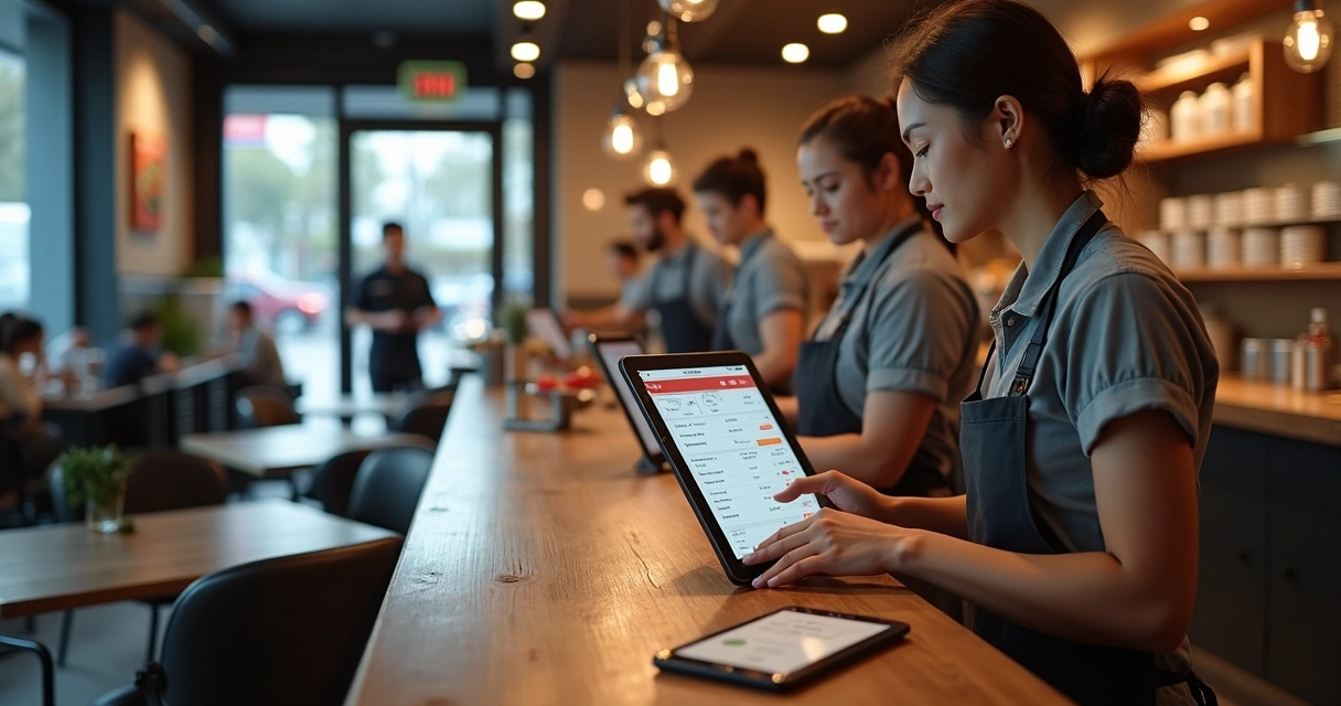 Tela de sistema digital exibindo pedidos de delivery em restaurante com equipe utilizando tablets e computador 