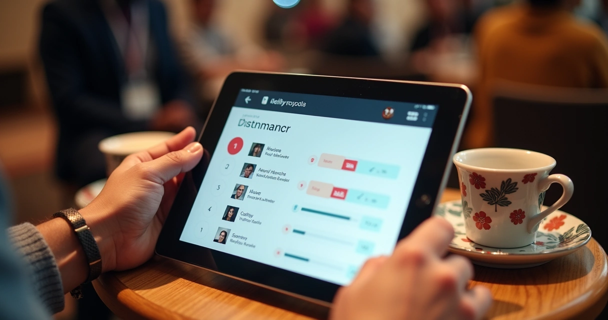 Interface de sistema digital personalizado em tablet em mesa de evento pequeno 