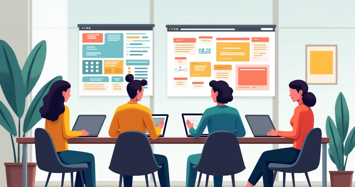 Equipe em mesa trabalhando em notebooks com dashboards Notion na tela 