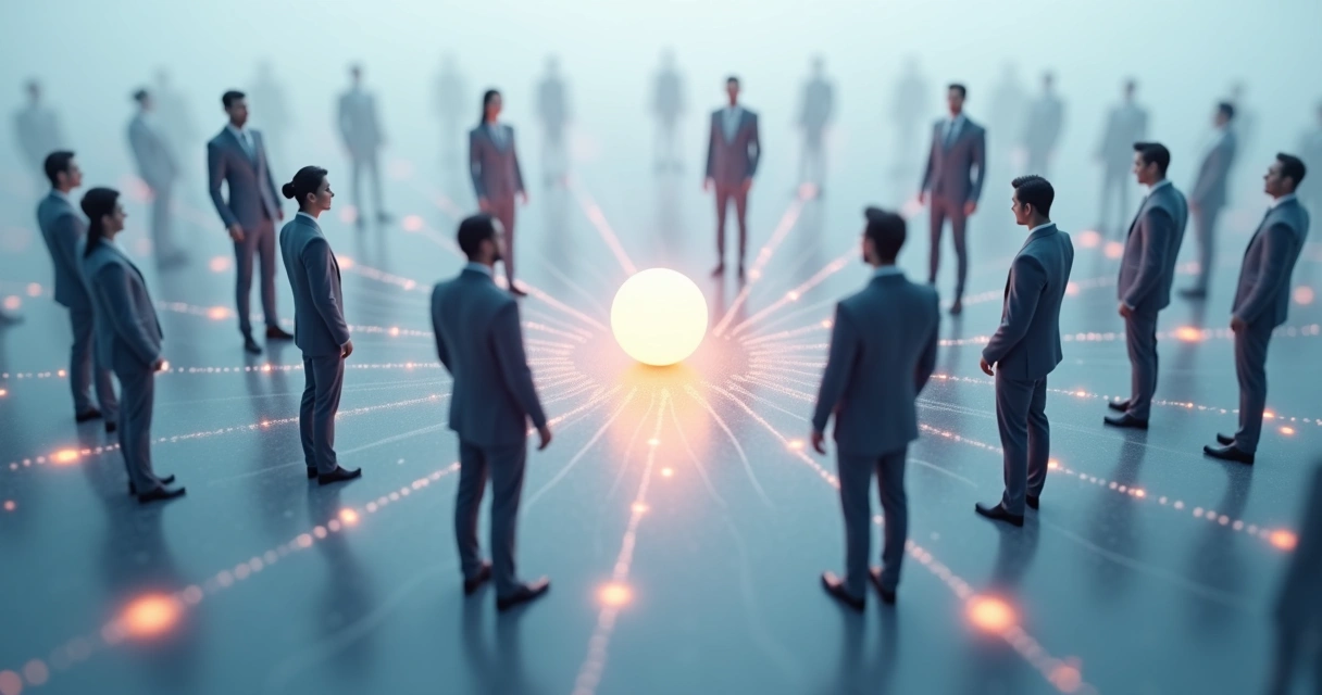 Grupo de personas conectadas por líneas sutiles de luz, formando una red, con un centro brillante que representa el equilibrio colectivo.