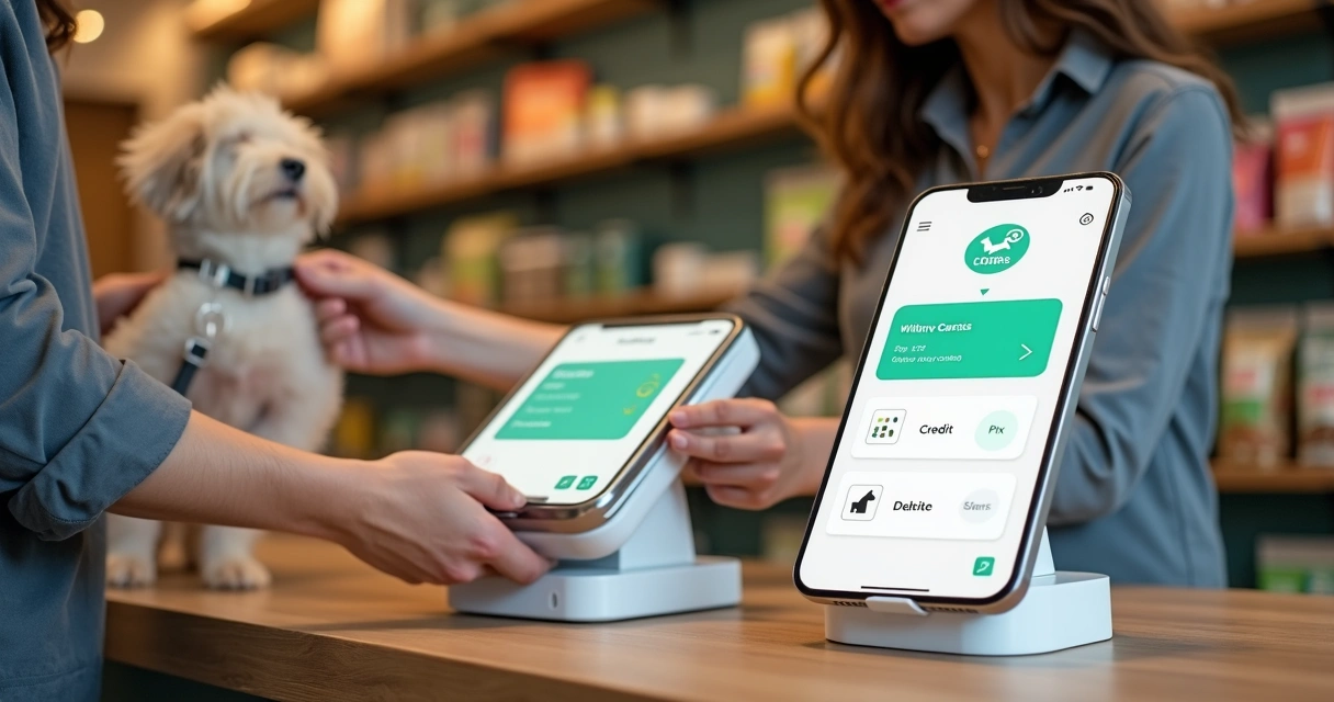 Balcão de pet shop com terminal de pagamento personalizado e dona com cachorro 