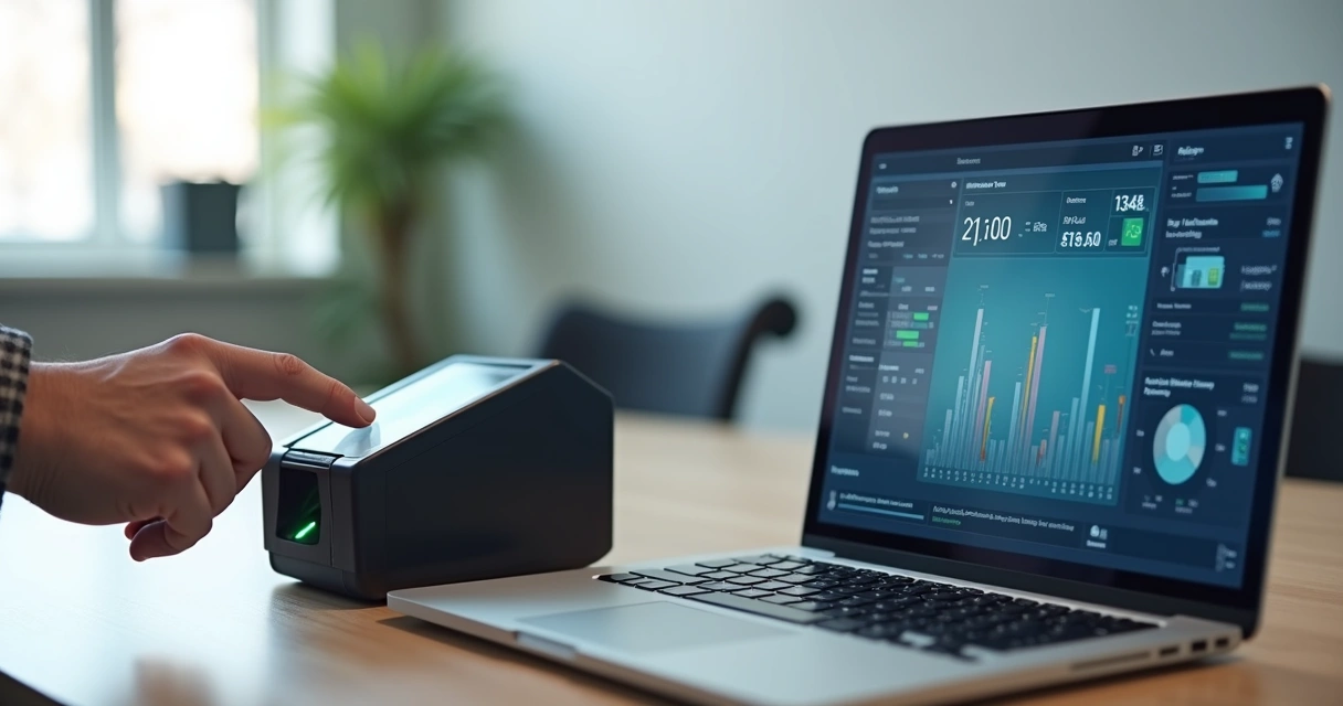 Mesa de escritório com mãos usando leitor biométrico para registro de ponto eletrônico junto a laptop com software de controle de jornada aberto 