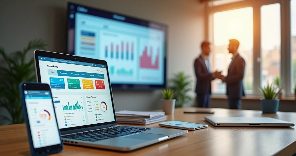 Dashboard de sistema ERP com portal do cliente aberto em vários dispositivos 