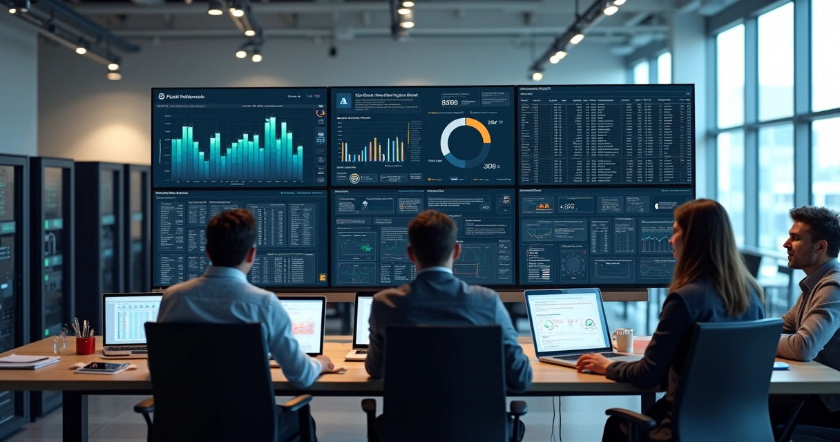 Equipe de provedor de internet analisando painel de sistema de gestão em telas grandes 