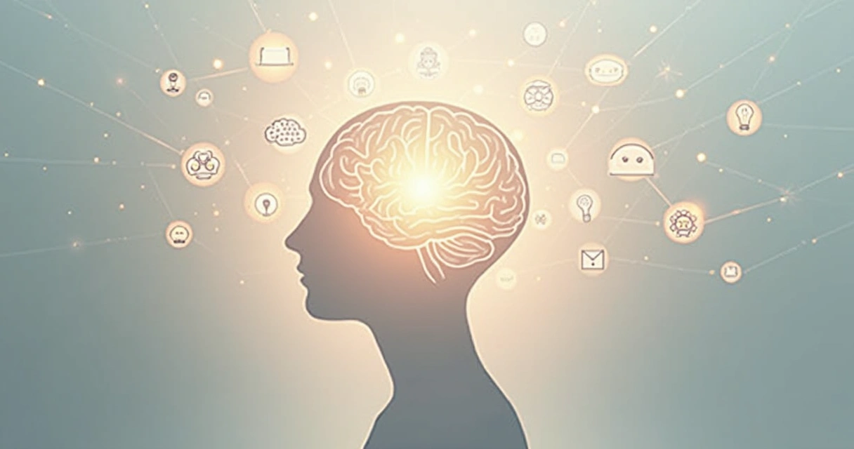 Elementos de mente, emoções e experiências interligados por linhas formando um sistema 