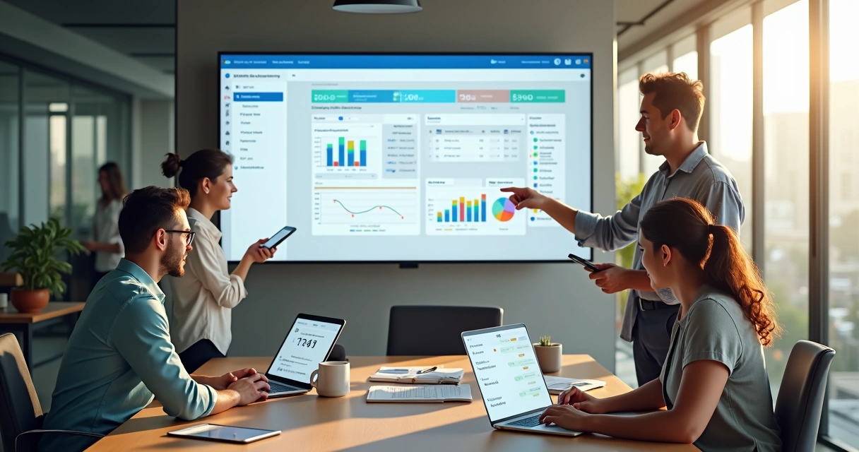 Equipo de recursos humanos usando un sistema digital en oficina moderna 