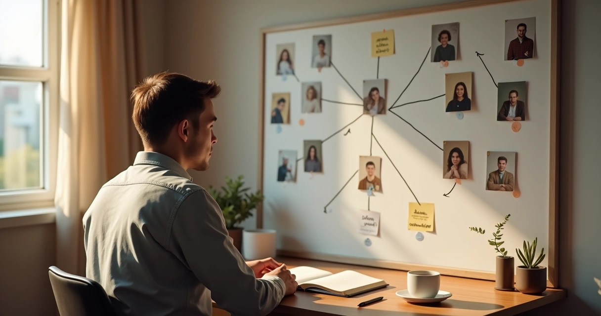 Pessoa refletindo diante de mural com conexões e fotos de relações 