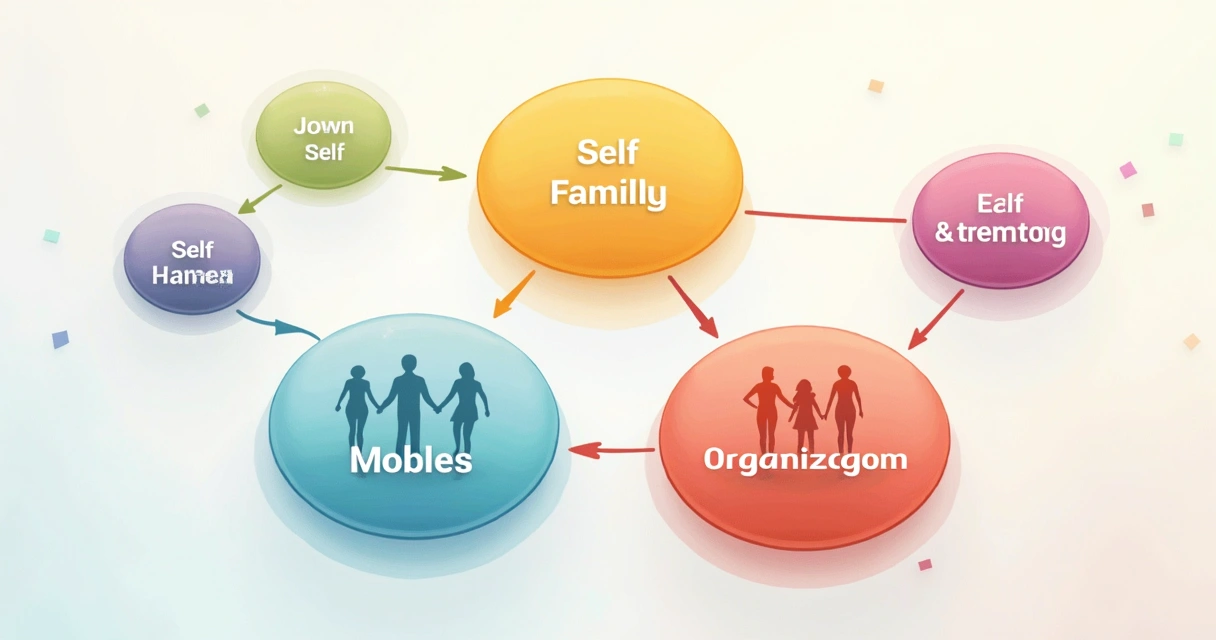 Diagrama colorido de círculos conectados simbolizando pessoas e grupos em rede em fundo claro