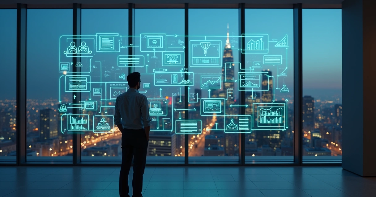 Empresário observando painel de processos conectados crescendo em escala 