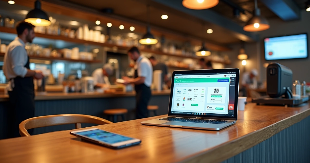 Gestor analisando sistema para restaurante com pedidos e cardápio digital na tela 